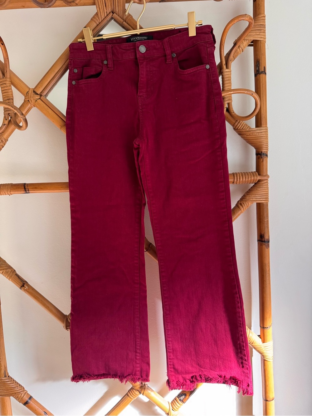 Liverpool Wine Red Wide-Leg Jeans with Frayed Hem